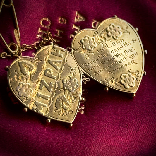 Antique Mizpah Heart Brooch in 9 carat Gold; Circa 1905