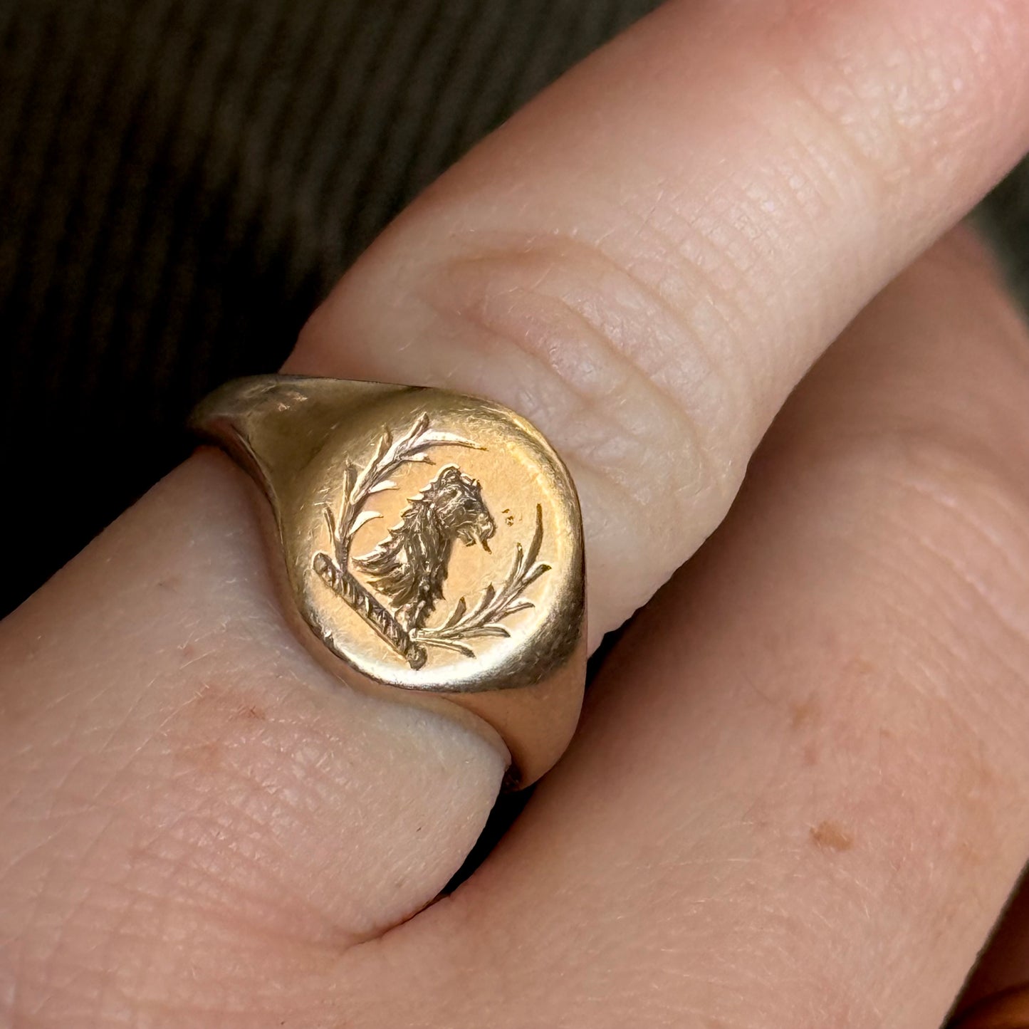 Vintage Lion & Laurel Signet Ring 9 Carat gold