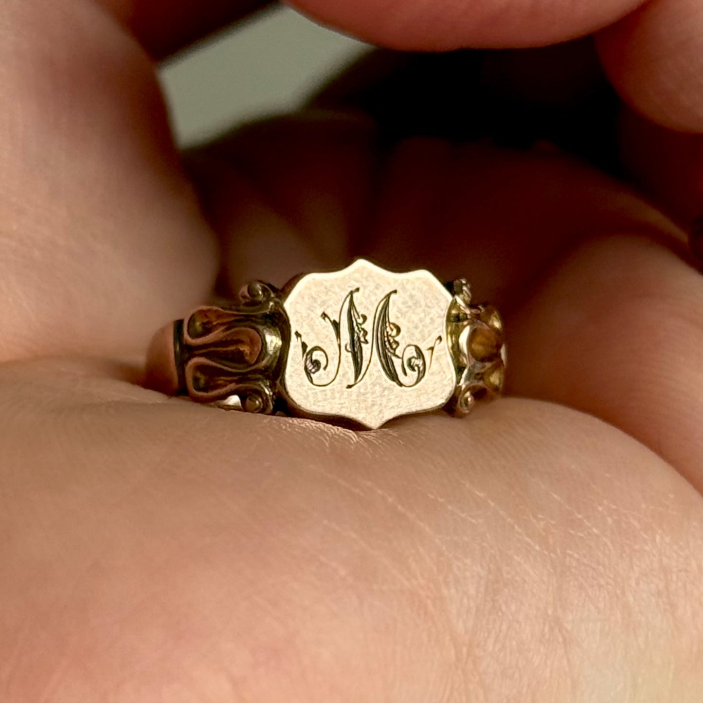 Antique Edwardian Initial 'M' Signet Ring in 9 Carat Gold; Circa 1910