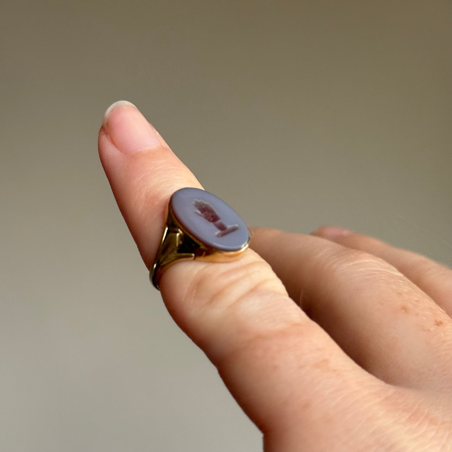 Tiny Sardonyx Hand Intaglio Ring in 9 Carat Gold; Circa 1980