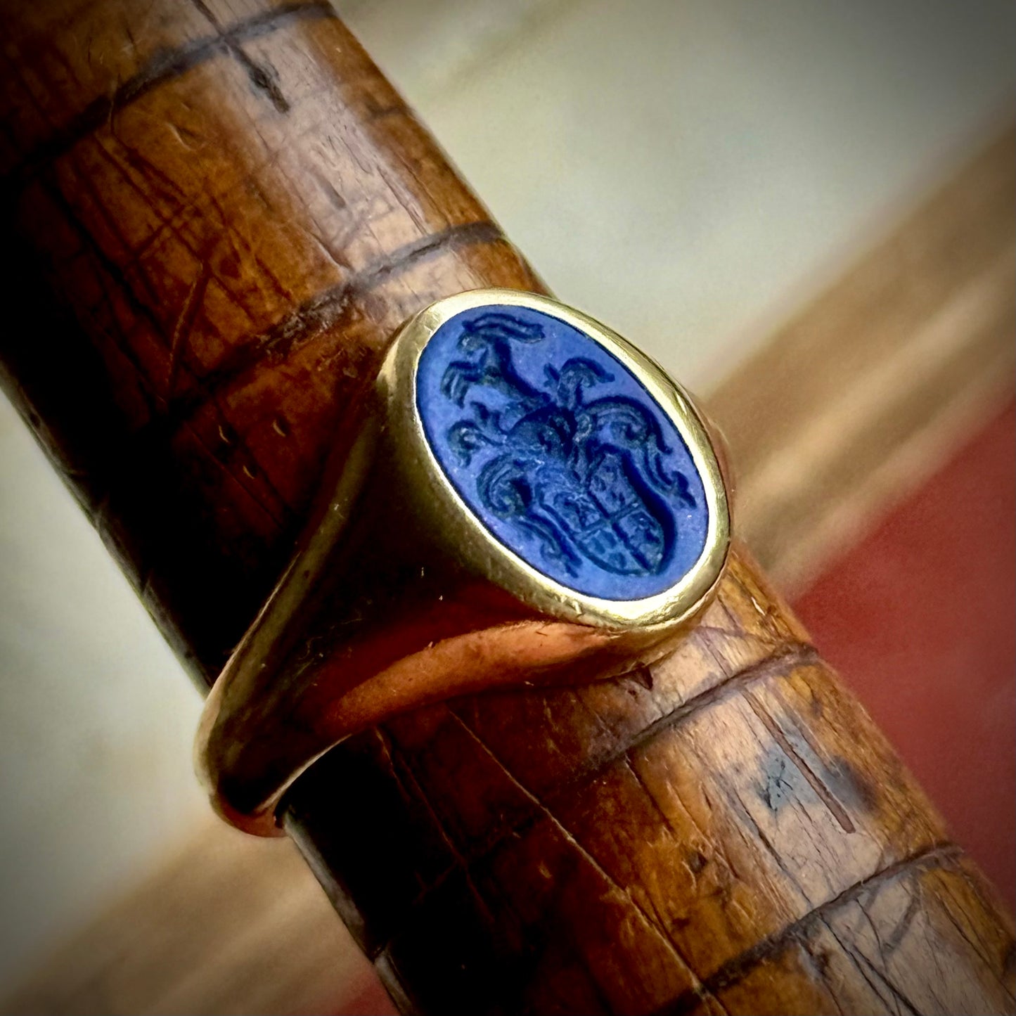 Vintage Lapis Lazuli Intaglio Signet Ring in 14 Carat Gold