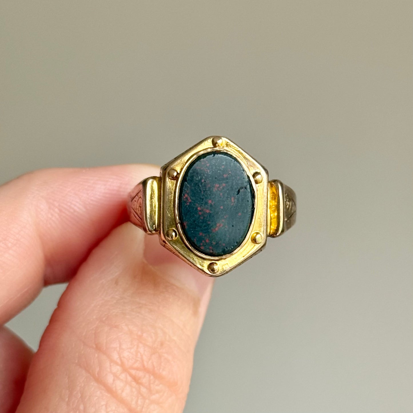 Antique Bloodstone Signet Ring in 9 Carat Gold, Circa 1880