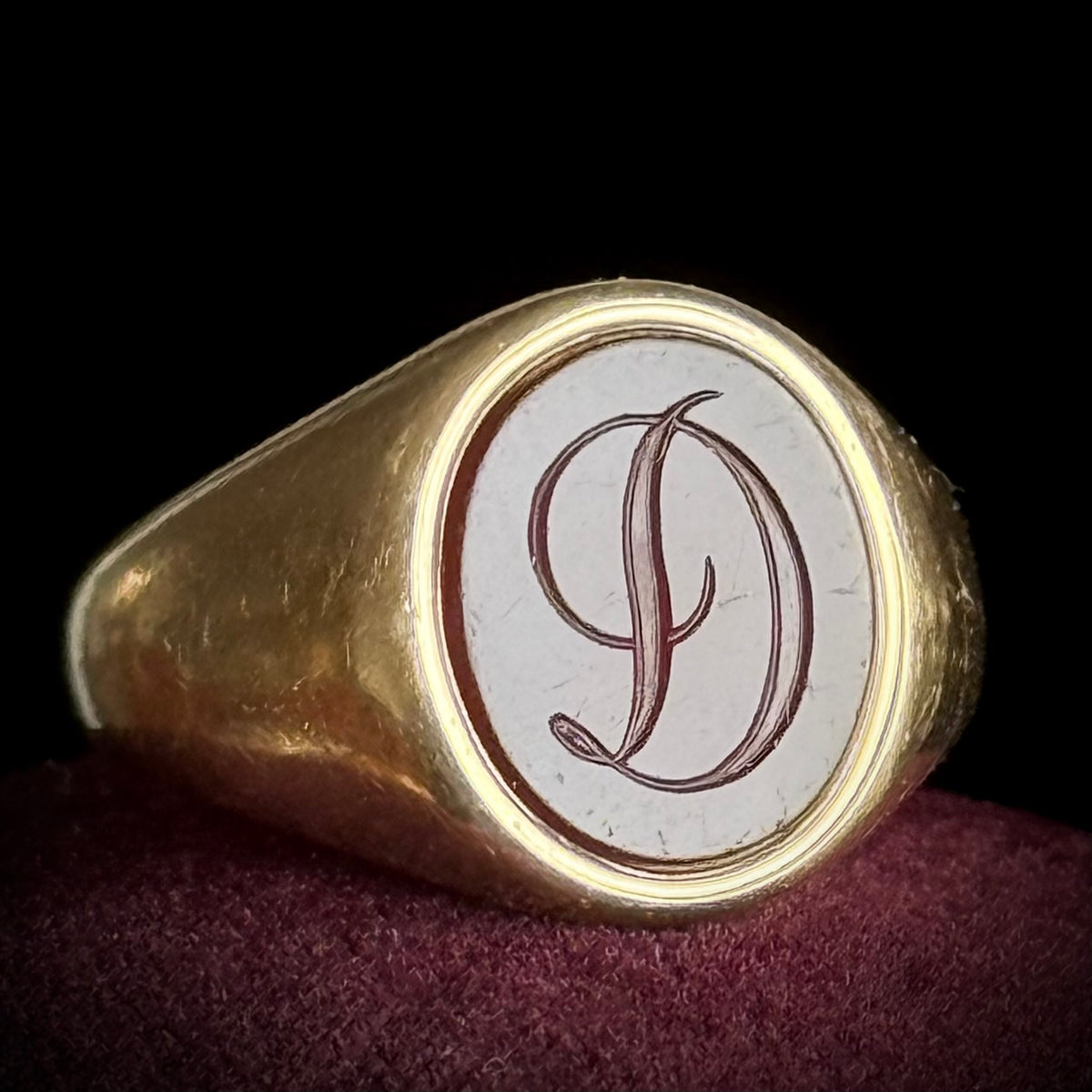 Vintage Carnelian 'D' Signet Ring 9 Carat gold; Circa 1947
