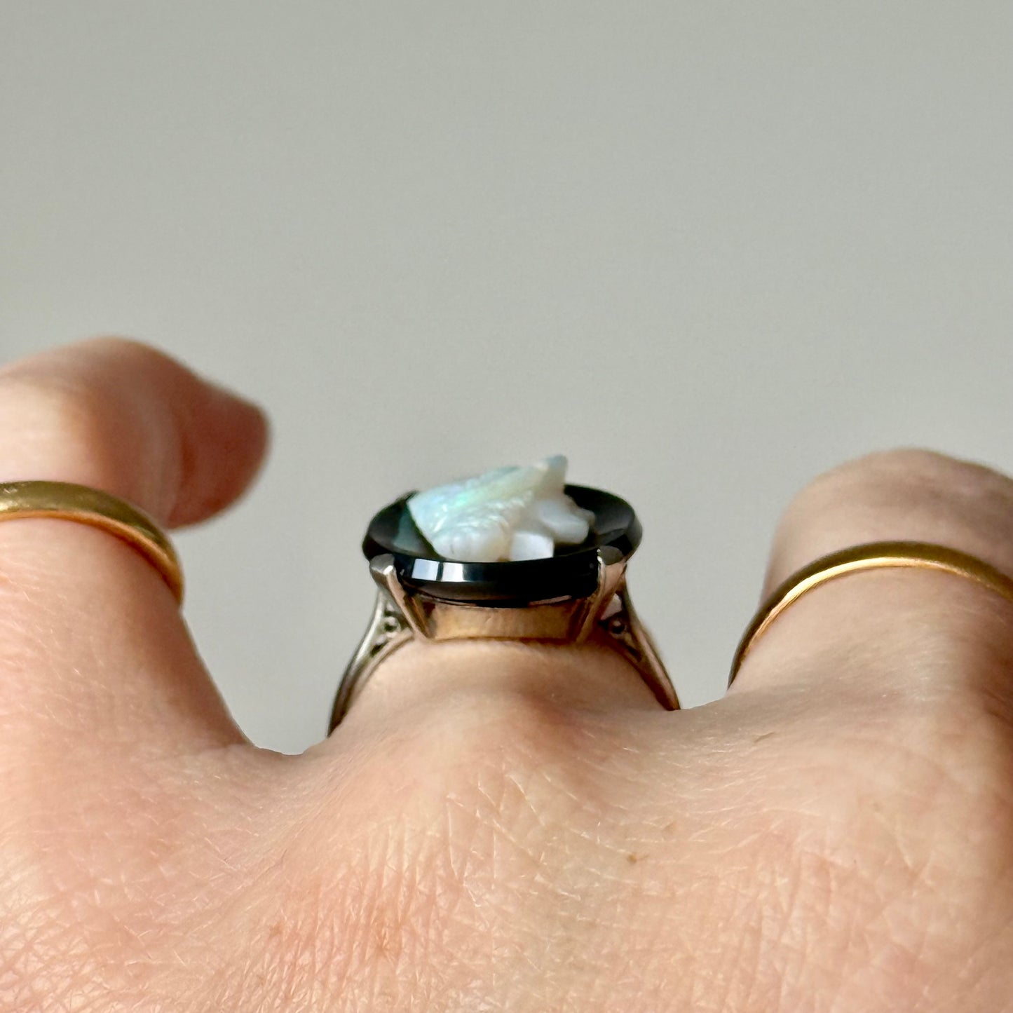 Antique Opal & Onyx Cameo ring in Platinum & Gold; Circa 1910