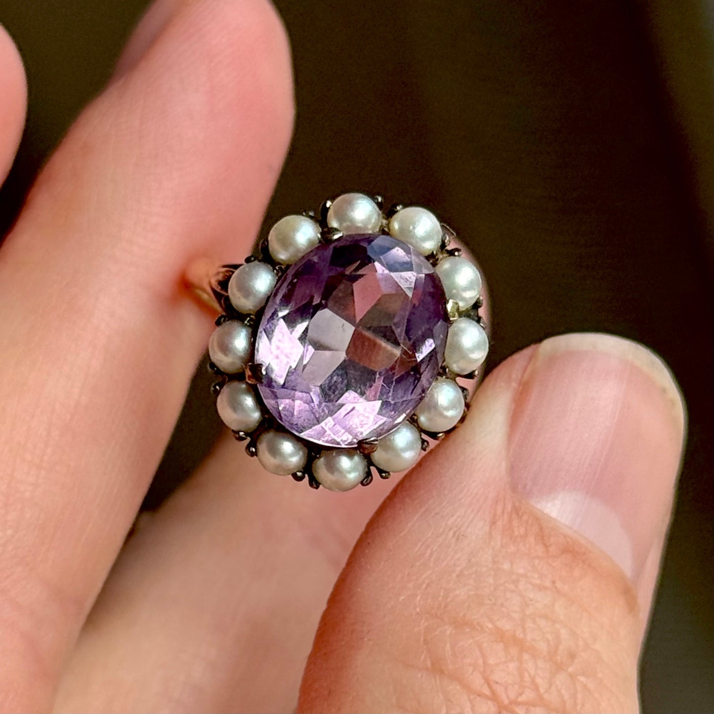 Vintage Amethyst & Pearl Cluster Ring in 9 Carat Gold