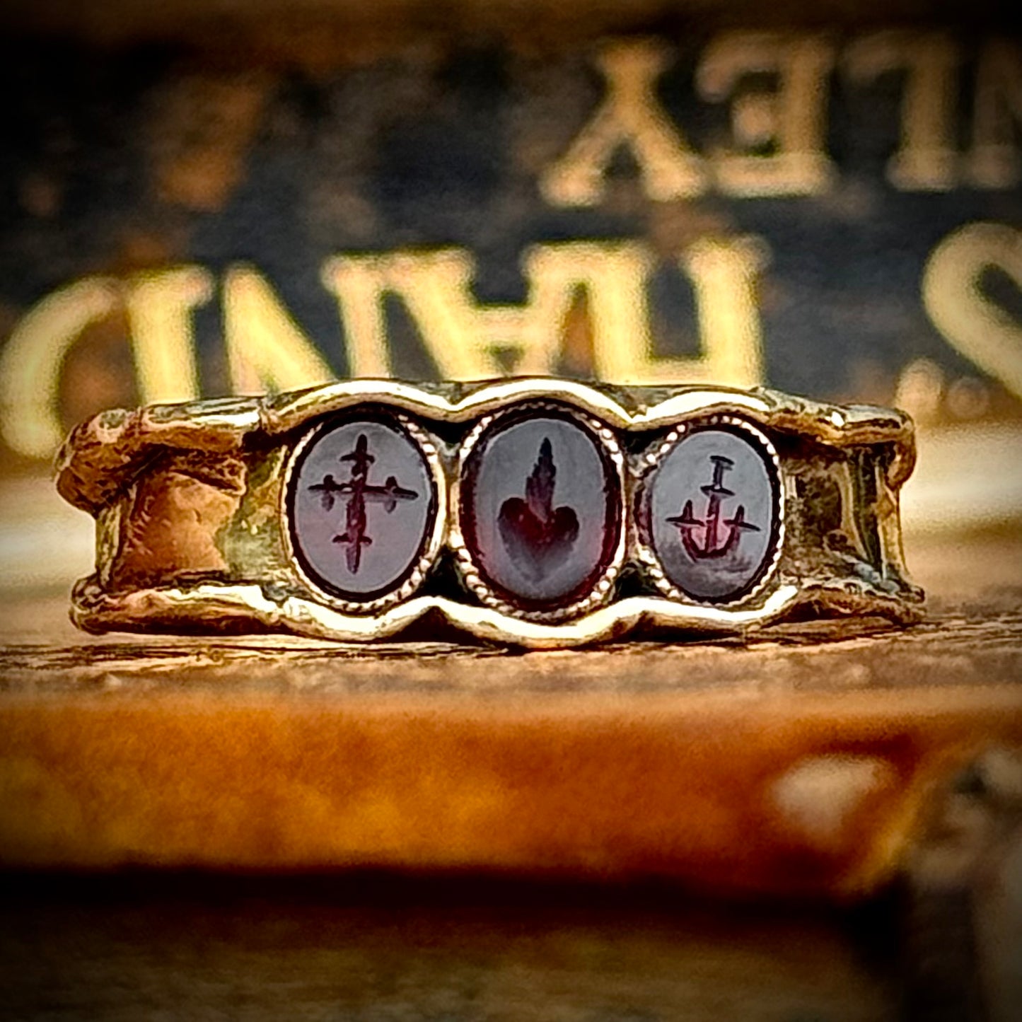Vintage Garnet Faith, Hope and Charity Intaglio Ring