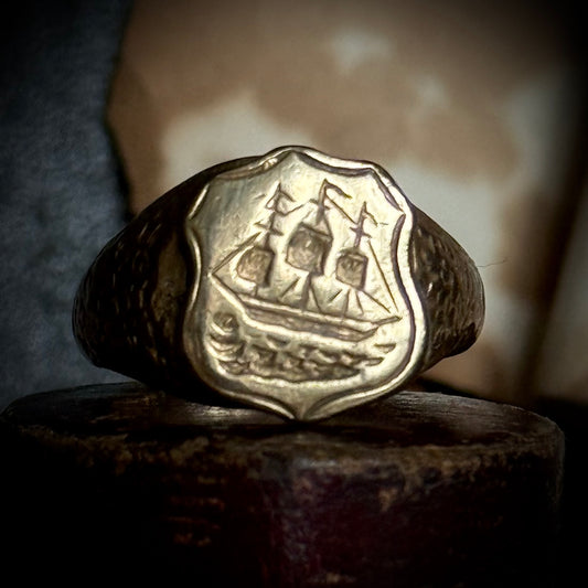 Victorian Heavy Nautical Ship Intaglio Signet ring; Circa 1880