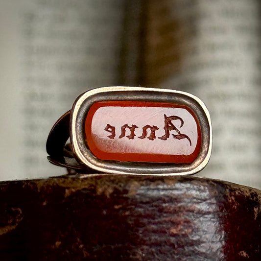 Antique Victorian Carnelian 'Anne' Intaglio Fob in 9 carat Gold; Circa 1890