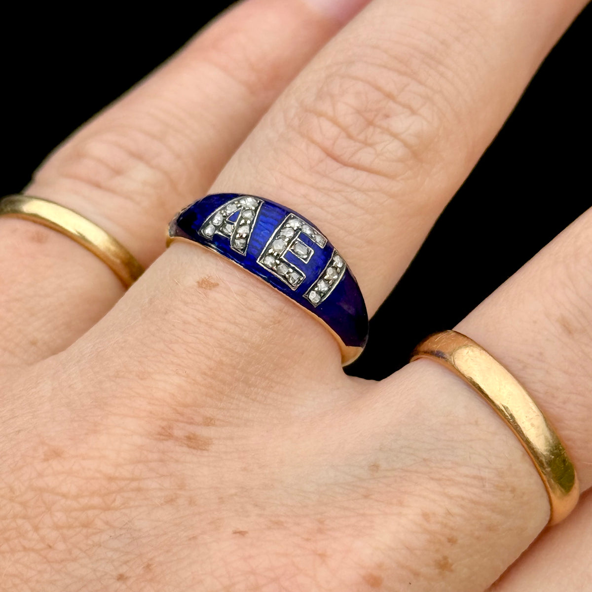 Antique Victorian Sentimental 'AEI' Ring in 18 Carat Gold; circa 1860