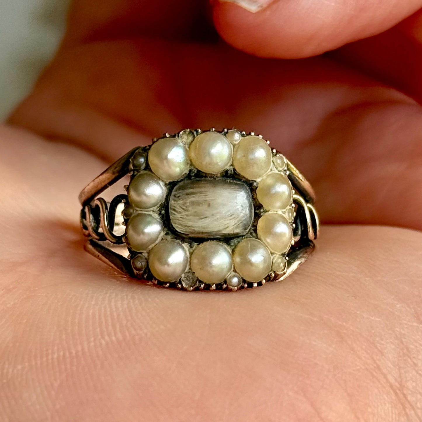 Georgian Pearl Mourning Ring in 9 Carat Gold; Circa 1812