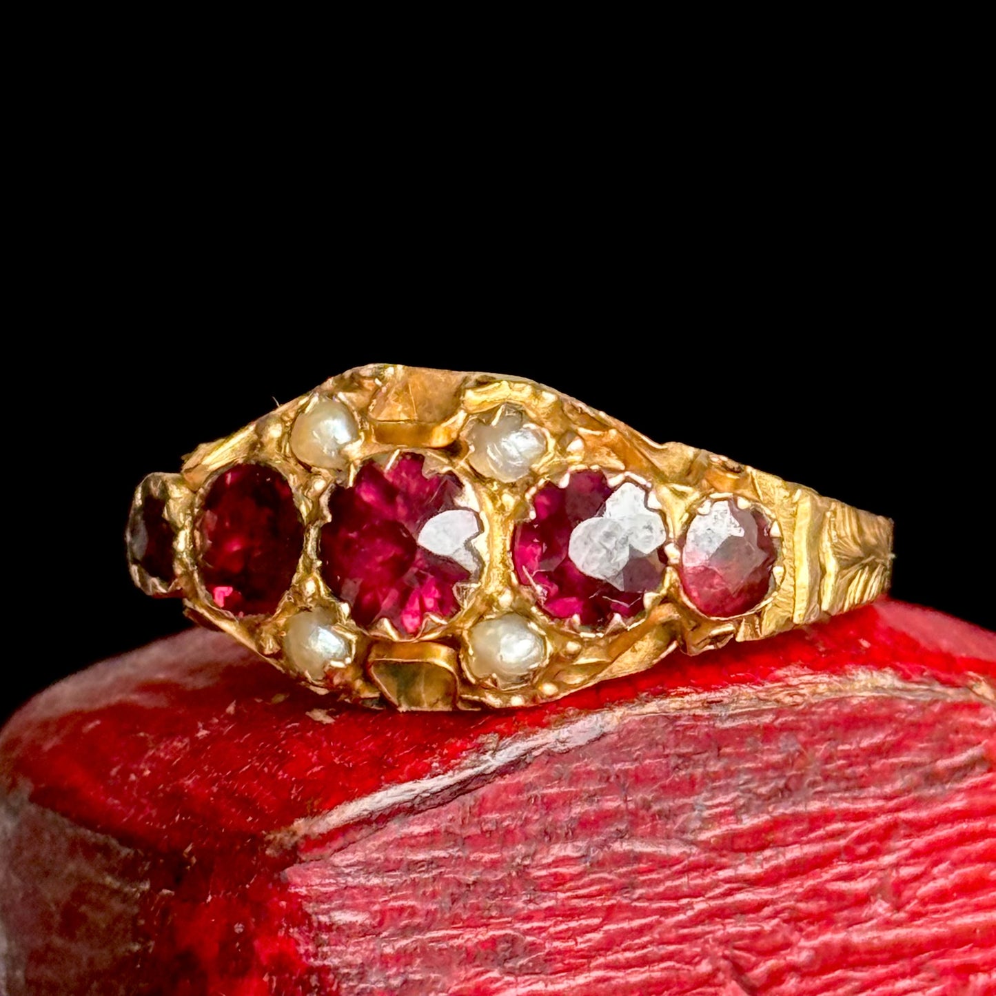 Antique Victorian Garnet & Pearl Ring in 9 Carat Gold; Circa 1870