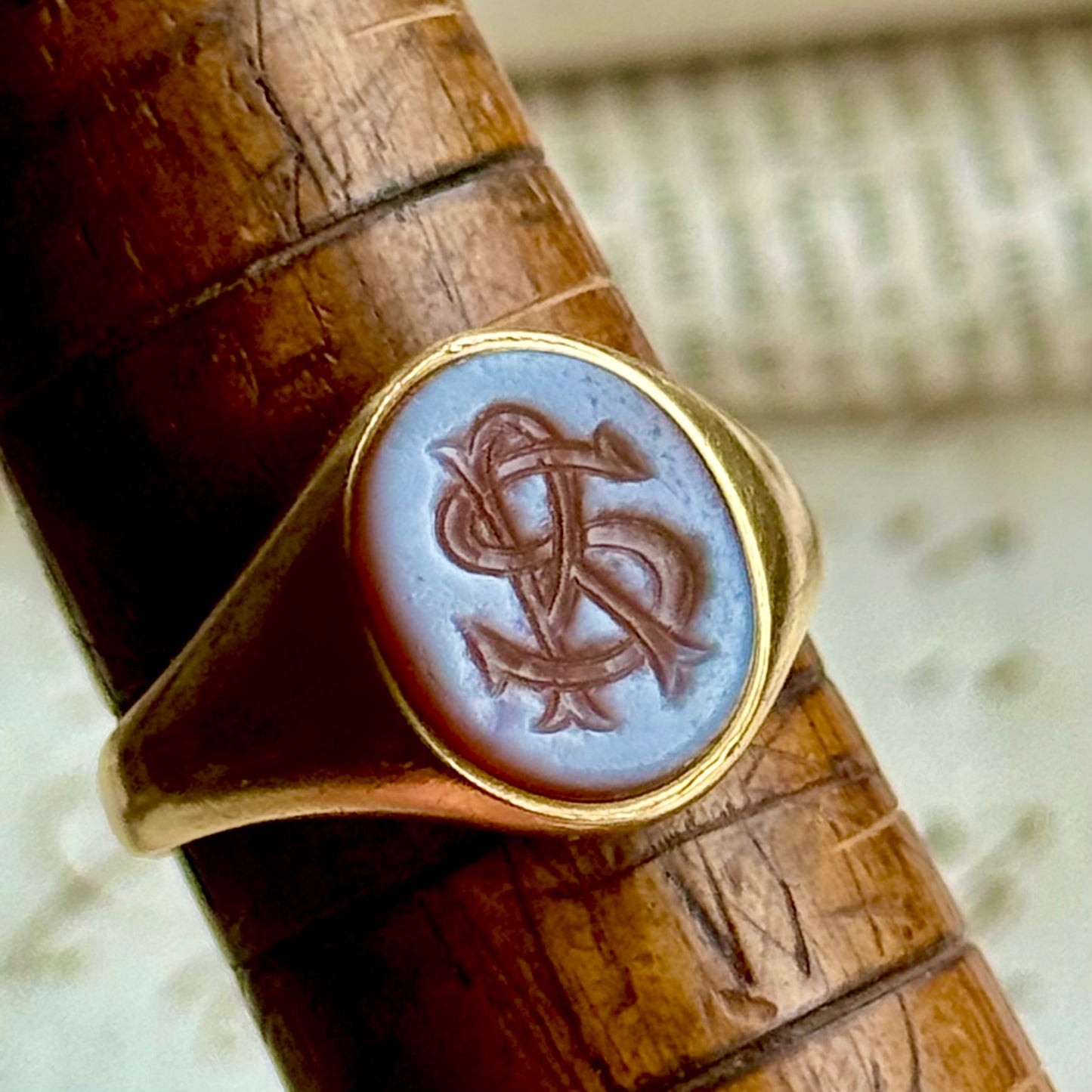 Victorian Sardonyx Signet ring in 18 Carat Gold; Circa 1868