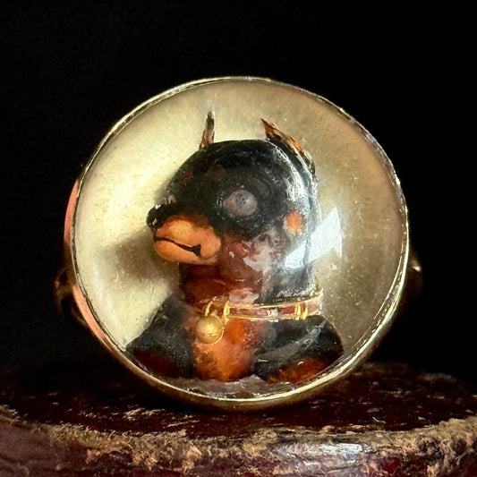 Antique Victorian Essex Crystal Reverse Painted Pinscher Dog Ring, circa 1880
