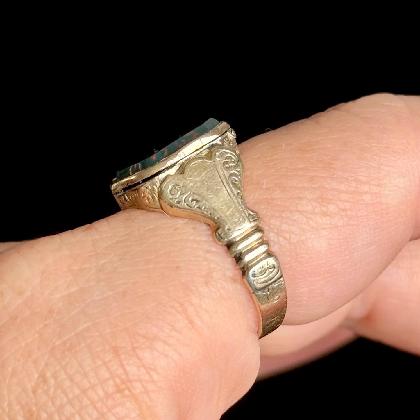 Victorian Bloodstone Locket Signet Ring; Circa 1870