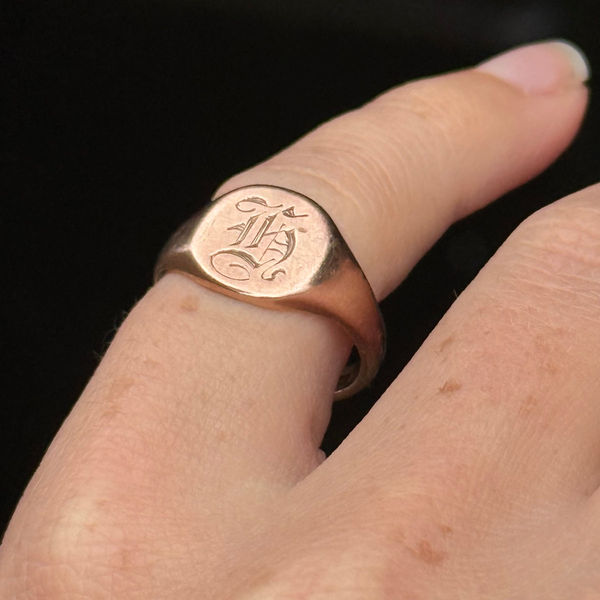 Antique 'H' Signet Ring in 9 Carat Rose Gold; circa 1915
