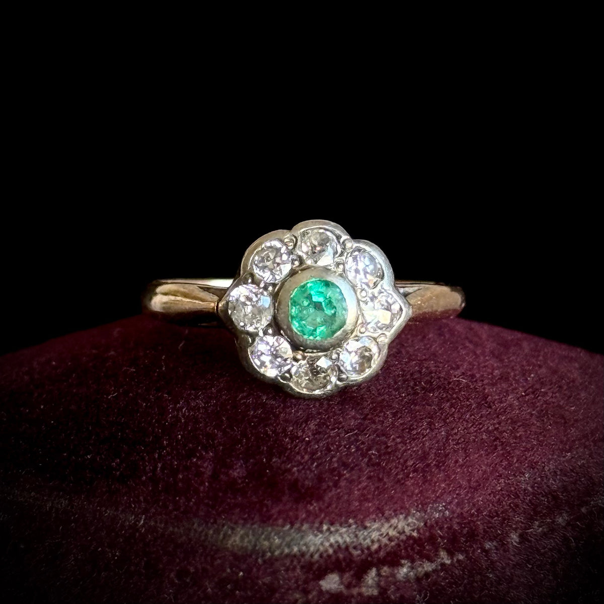 Antique Emerald & Diamond Cluster Ring; Circa 1895