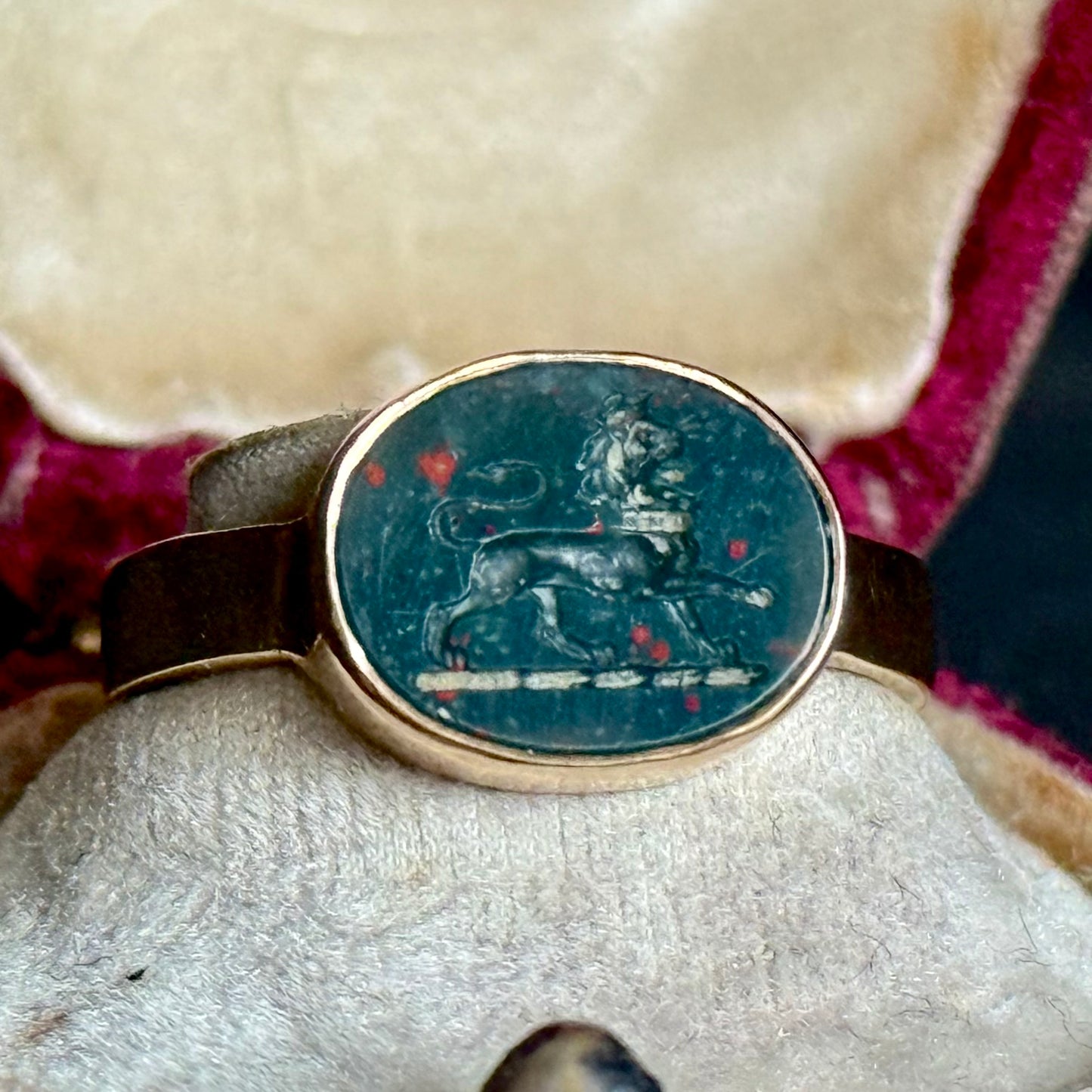 Antique Crowned Lion Bloodstone Ring in 9 Carat Gold