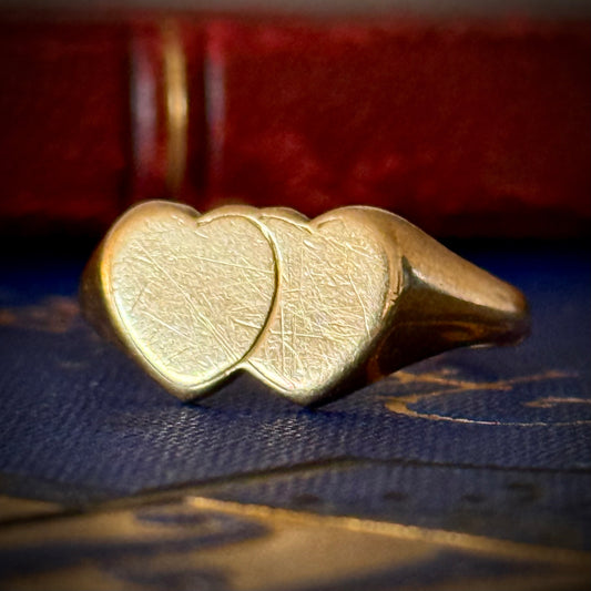 Vintage Double Heart Signet Ring in 9 Carat Gold; Circa 1971
