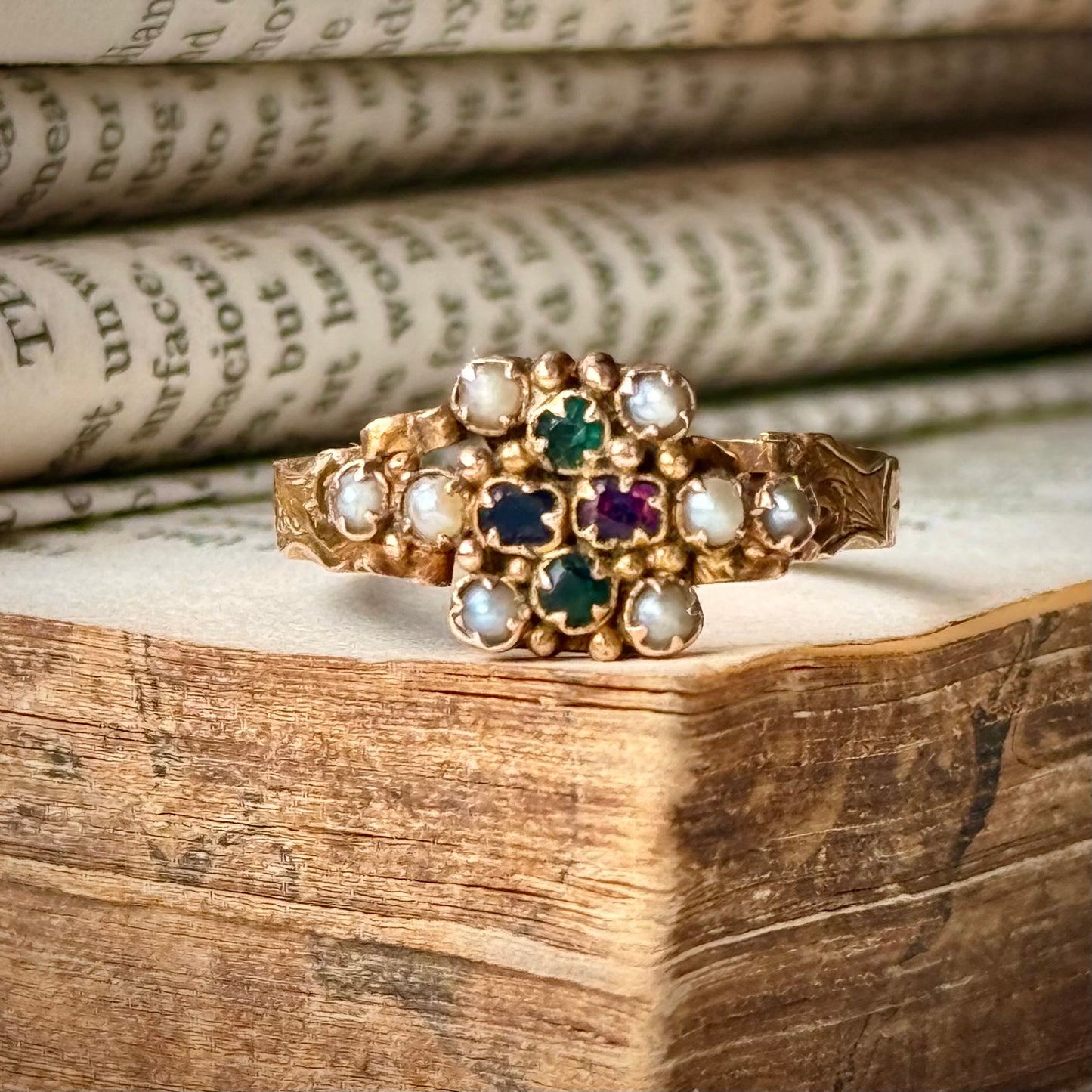 Antique Ornate Gemstone Ring in 15 Carat Gold; Circa 1873