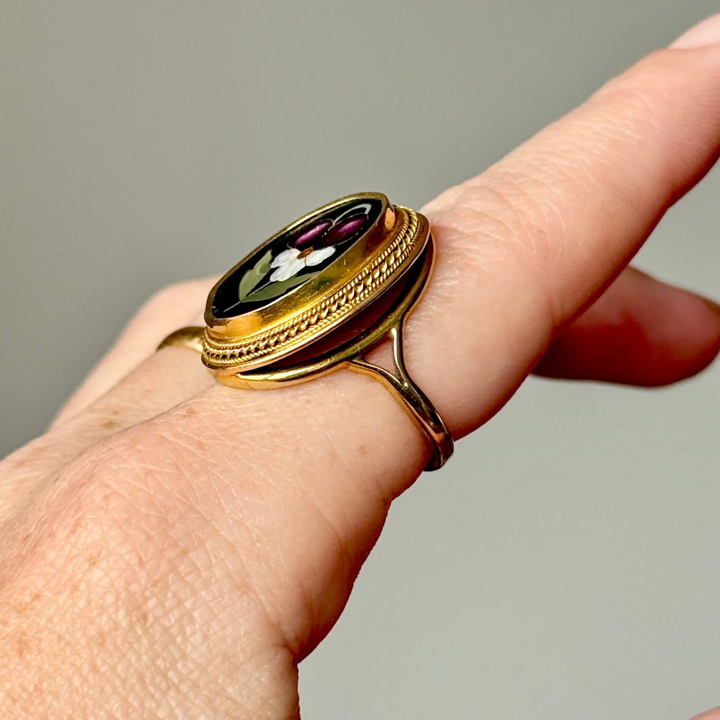 Victorian Pietra Dura Pansy Flower Ring in 9 Carat Gold