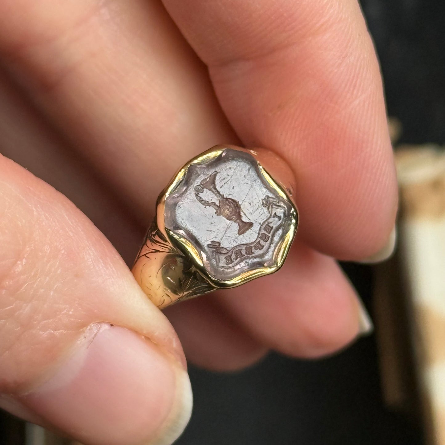 Antique Amethyst Intaglio Signet Ring in 9 Carat Gold