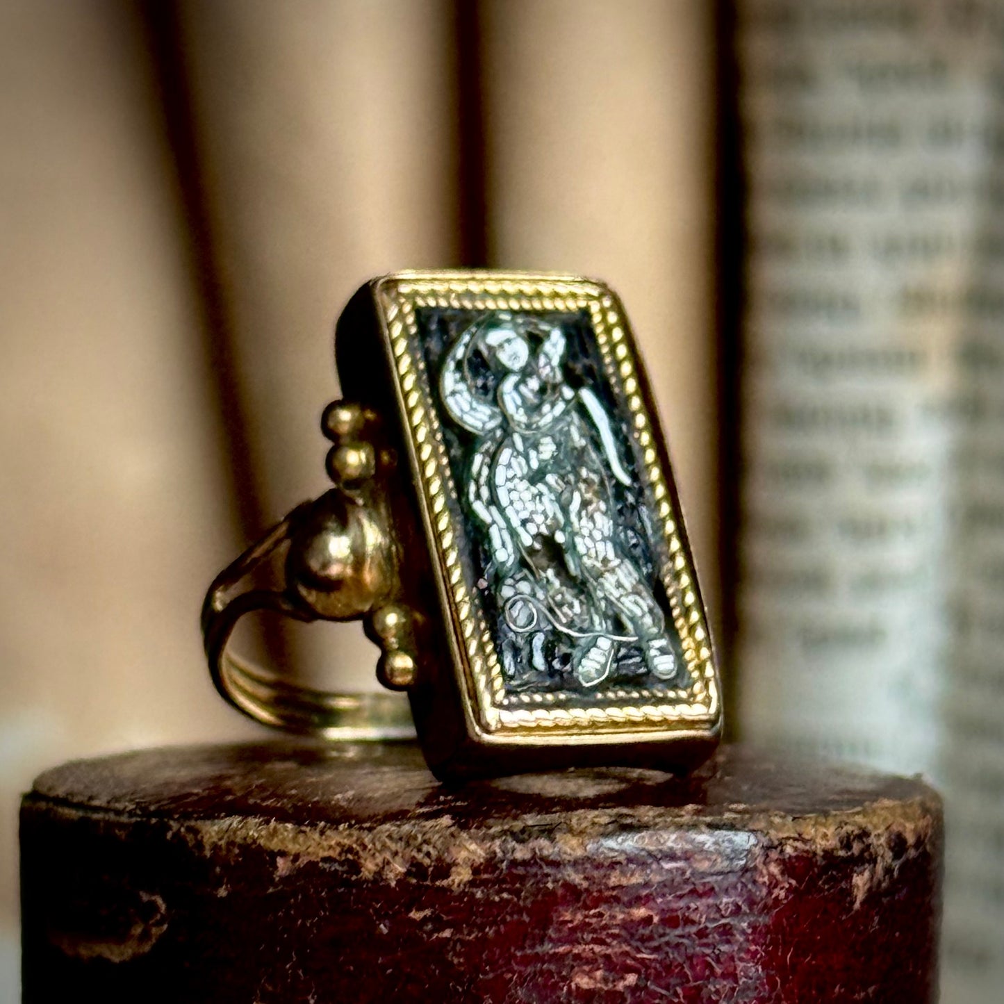 Victorian Micro Mosaic Panel Ring in 9 Carat Gold; 1850