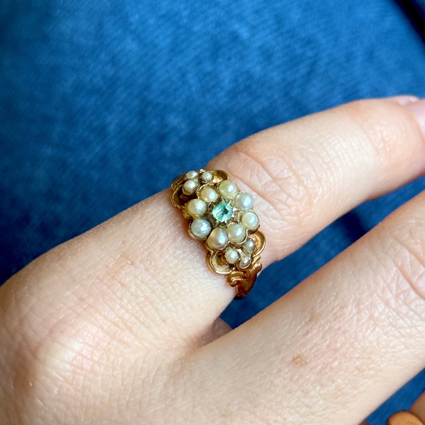 Antique Emerald & Pearl Ring in 9 Carat Gold; Circa 1850