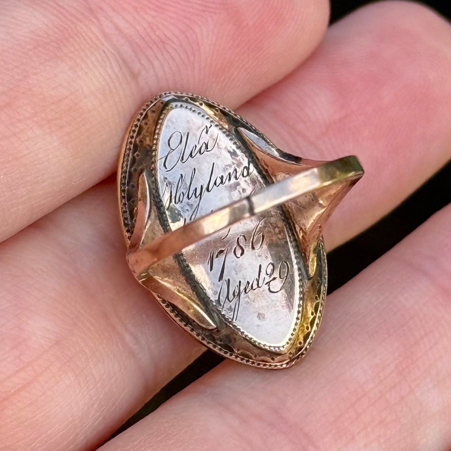 Antique Georgian Mourning Ring in 9 Carat Gold; Circa 1786