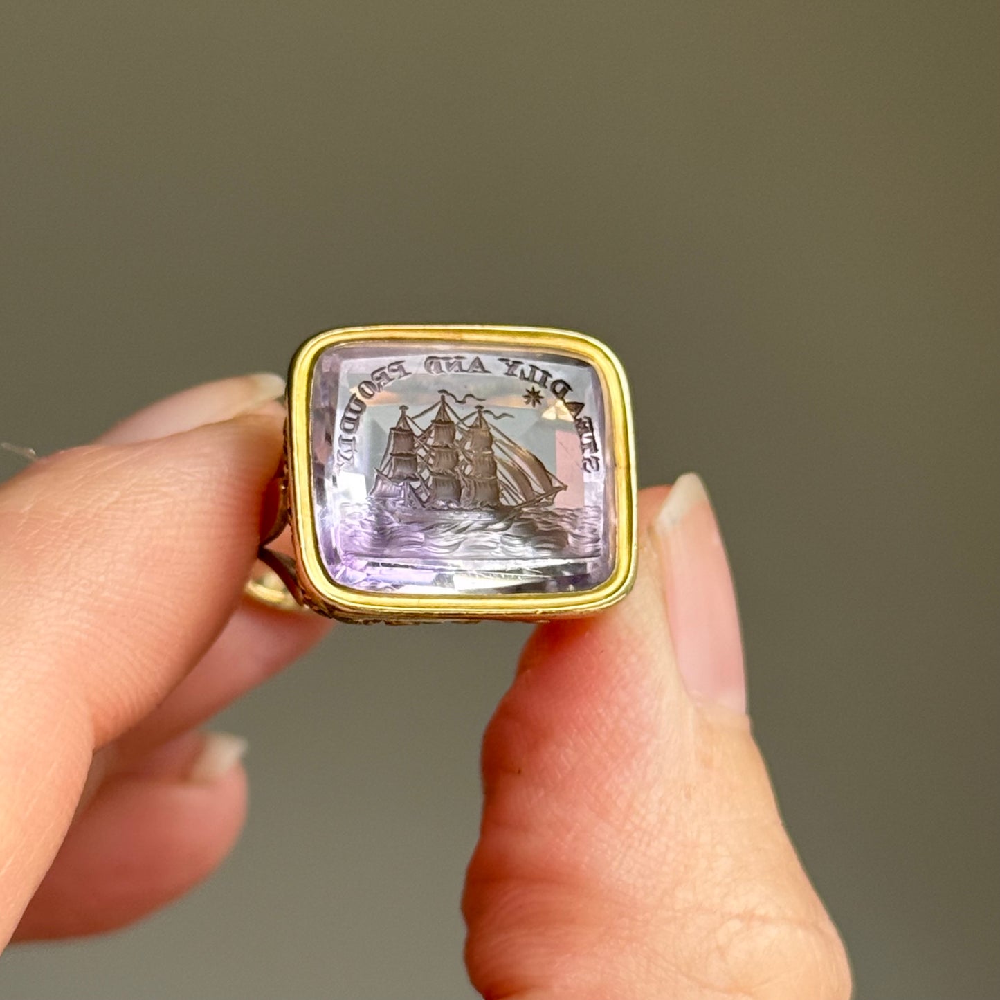 Georgian Amethyst Intaglio ‘Steadily and Proudly’ Conversion Ring,  Circa 18th Century