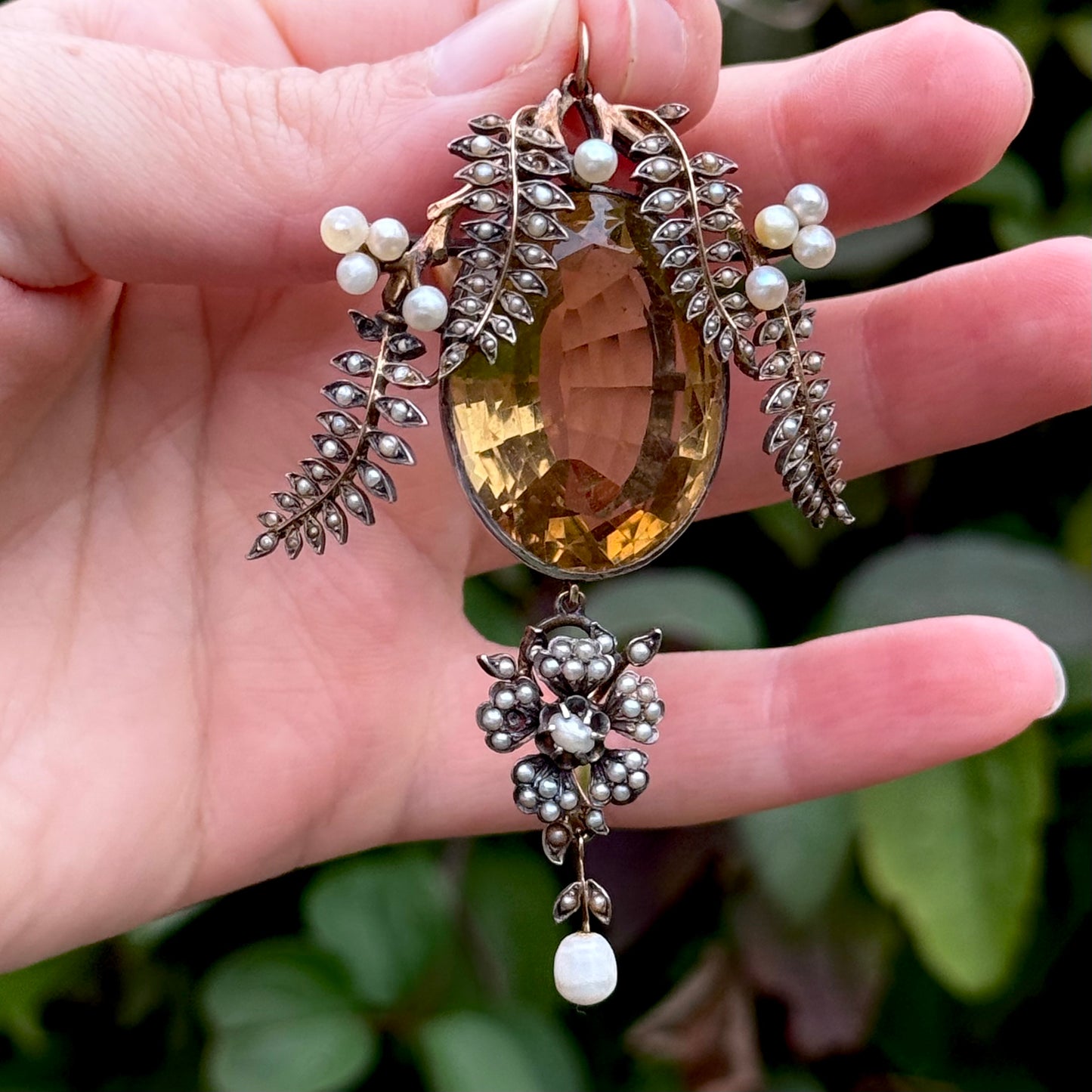 Antique Citrine & Pearl Pendant in Silver & Gold