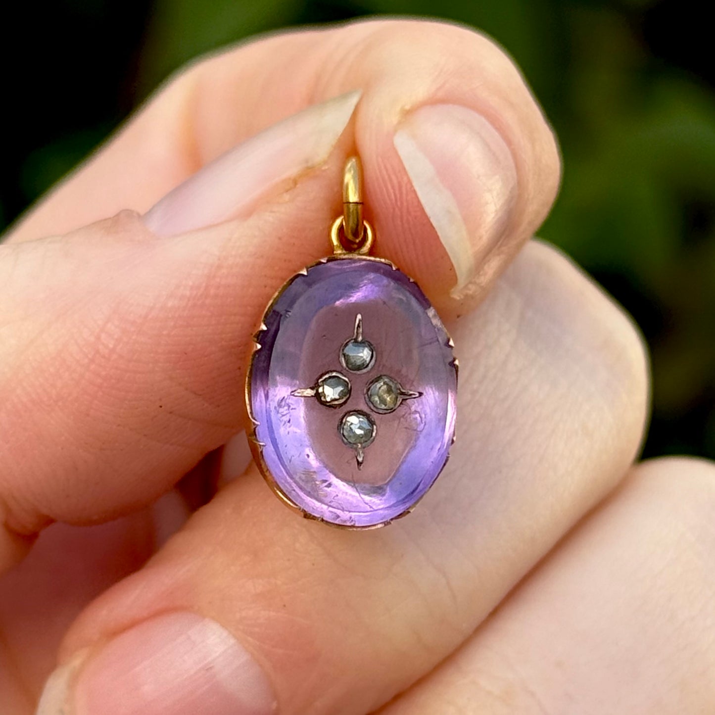 Victorian Amethyst Pendant with Floating Rose Cut Diamonds; Circa 1880