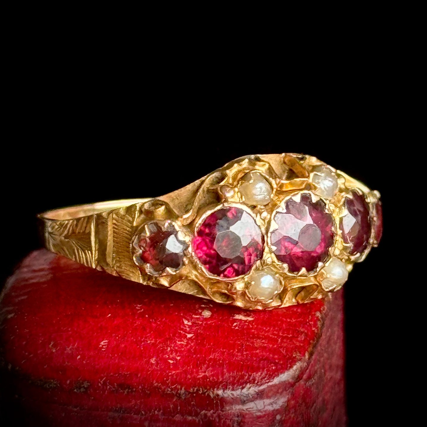 Antique Victorian Garnet & Pearl Ring in 9 Carat Gold; Circa 1870