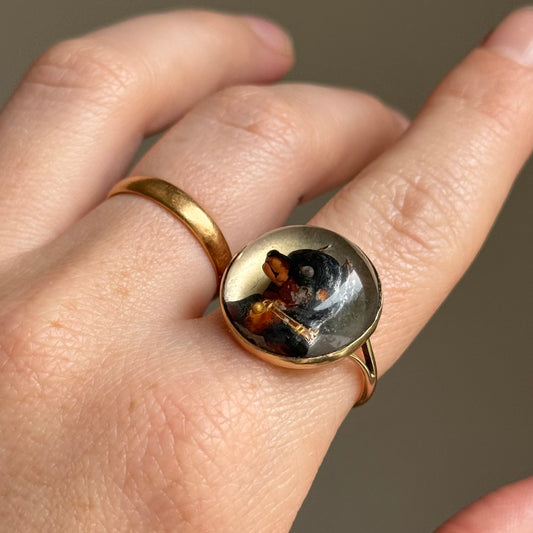 Antique Victorian Essex Crystal Reverse Painted Pinscher Dog Ring, circa 1880