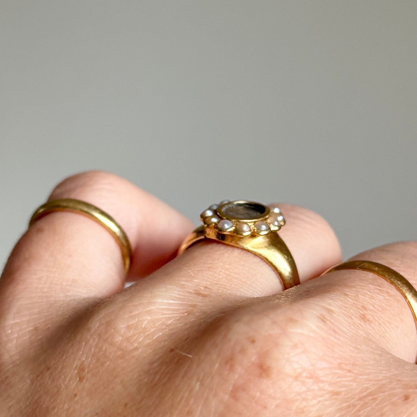 Antique Pearl Locket Ring in 18 Carat Gold; Circa 1917