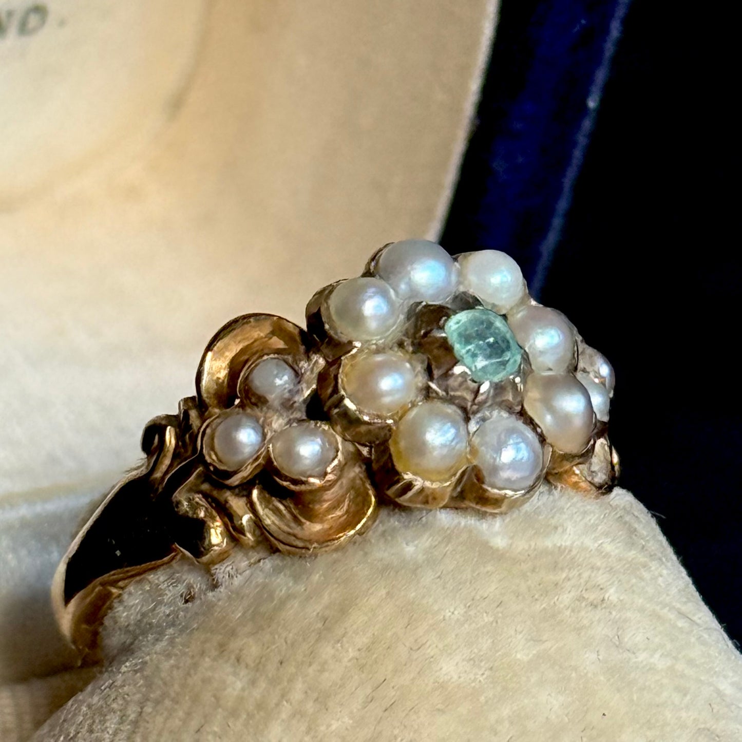 Antique Emerald & Pearl Ring in 9 Carat Gold; Circa 1850