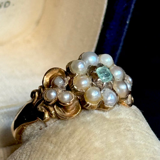 Antique Emerald & Pearl Ring in 9 Carat Gold; Circa 1850