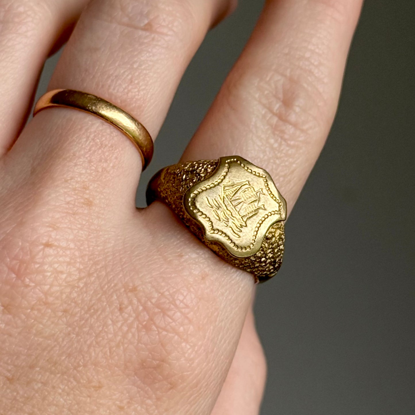 Victorian Heavy Nautical Ship Intaglio Signet ring; Circa 1885