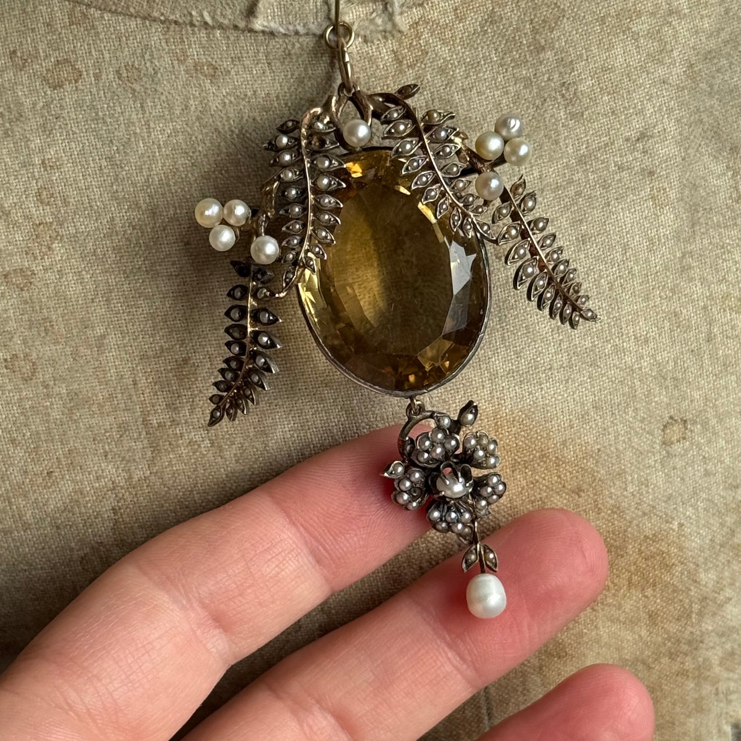Antique Citrine & Pearl Pendant in Silver & Gold