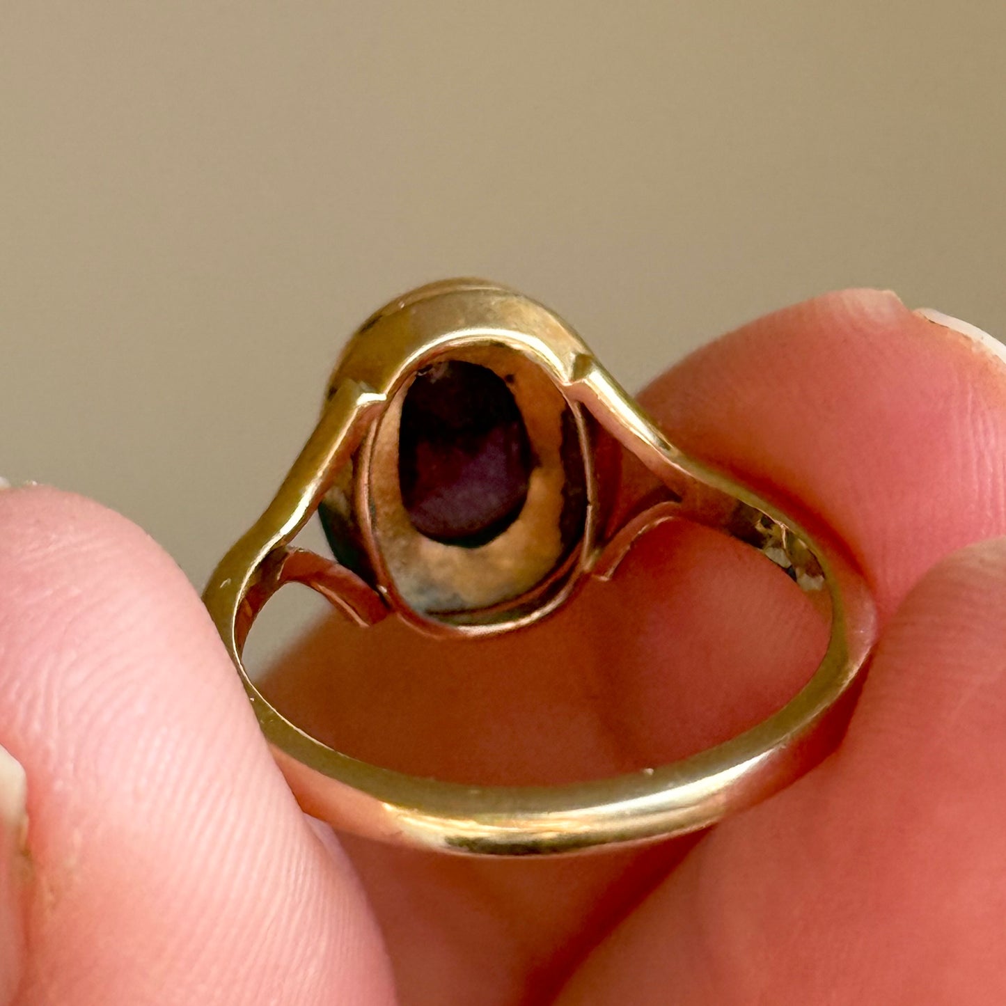 Antique Purple Paste & Pearl Initial 'M' Ring in 9 Carat Gold