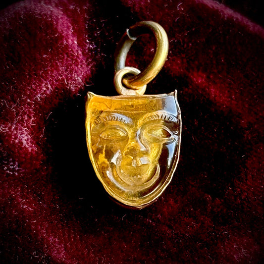 Antique Carved Citrine Comedy Mask Pendant in 18 Carat Gold