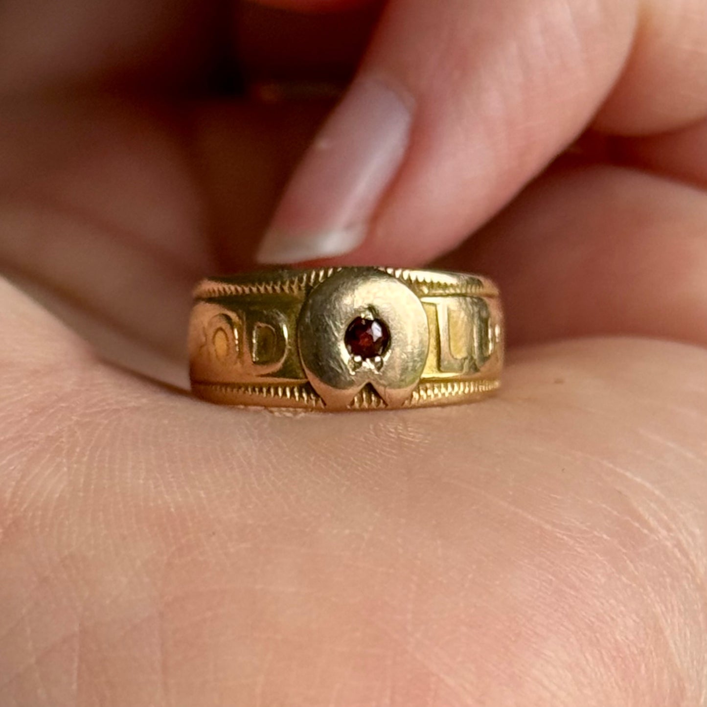 Antique Victorian Good Luck Garnet Ring in 18 Carat Gold; Circa 1855
