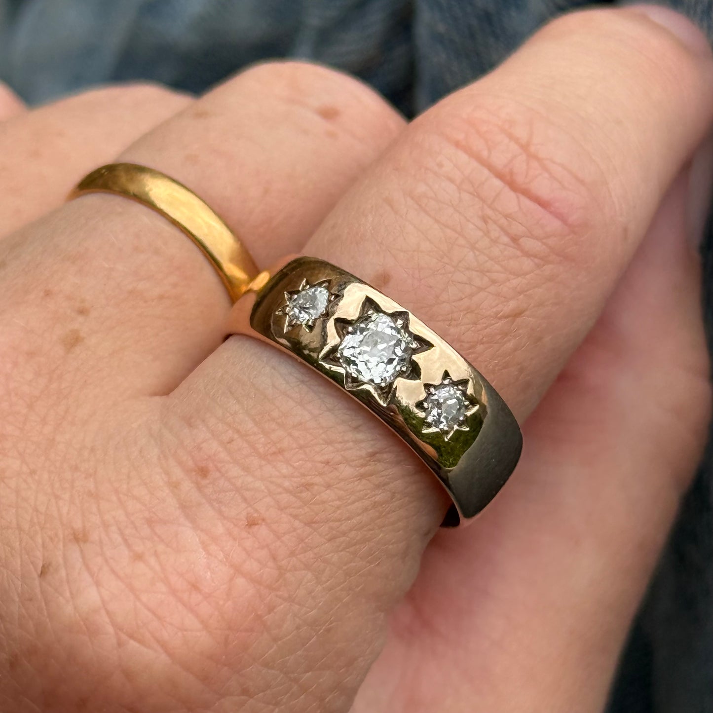 Antique Diamond Trilogy in 9 Carat Rose Gold Ring; Circa 1899