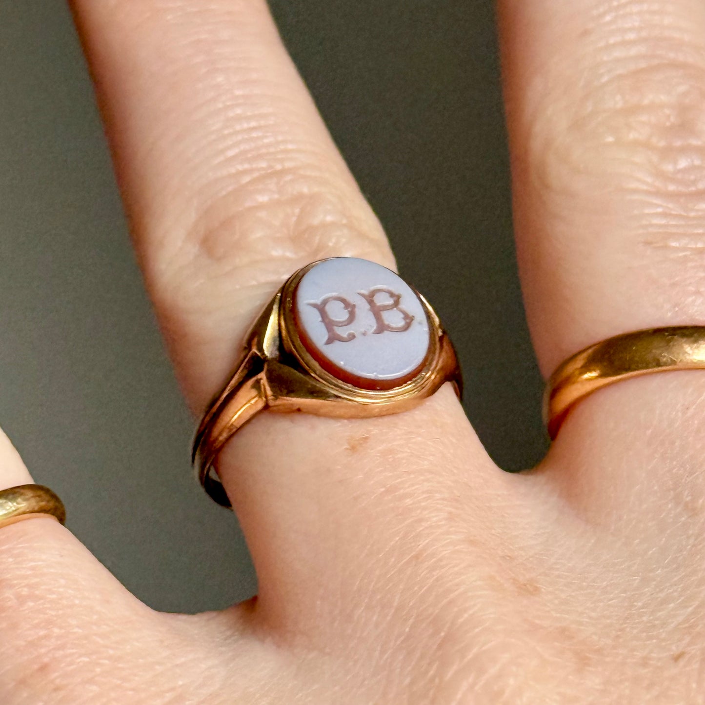 Antique Sardonyx 'P.B' intaglio Ring in 9 Carat Gold