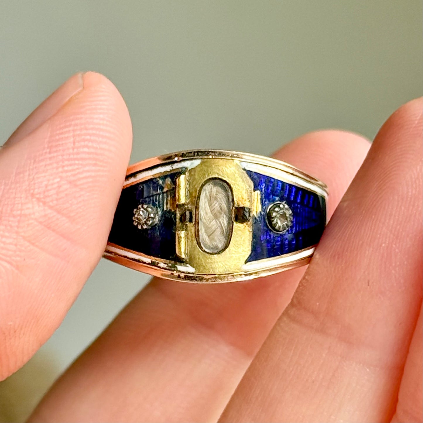 Antique Diamond & Enamel Locket Ring in 15 Carat Gold; Circa 1837