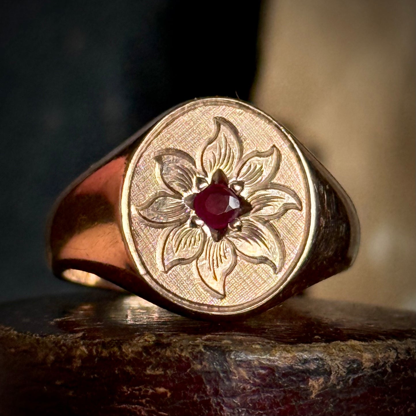 Antique Ruby Floral Signet Ring in 9 Carat Rose Gold; Circa 1919