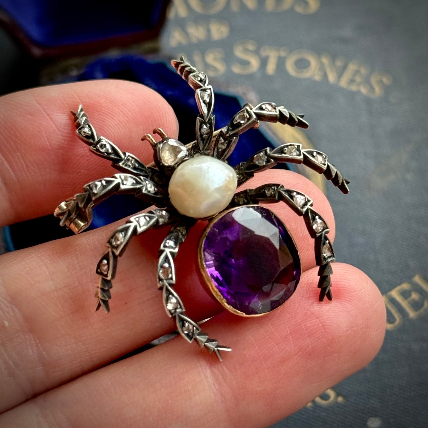 Victorian Diamond, Amethyst & Pearl Spider Brooch; Circa 1890