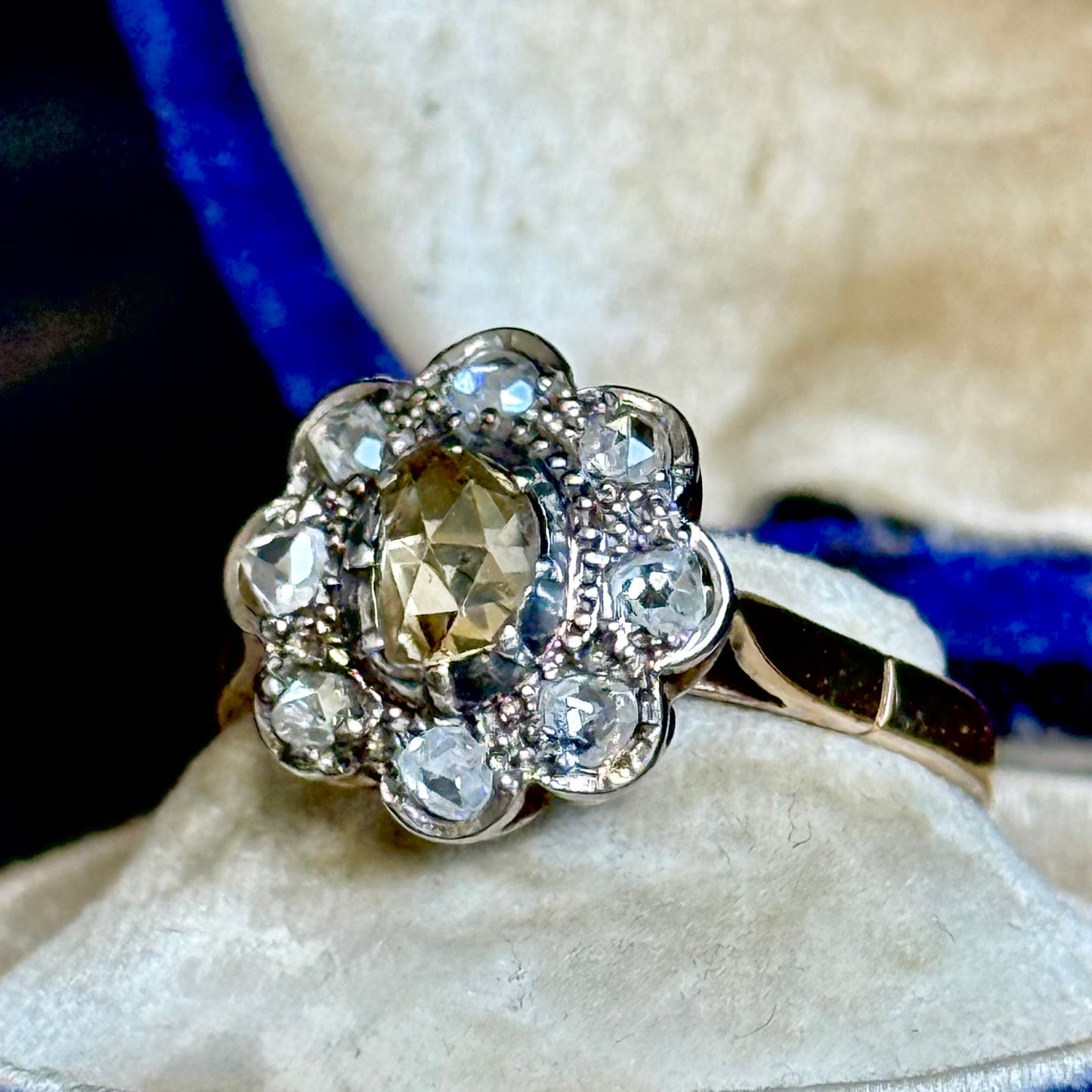Antique Rose Cut Cluster Ring in 14 Carat Gold; Circa 1880