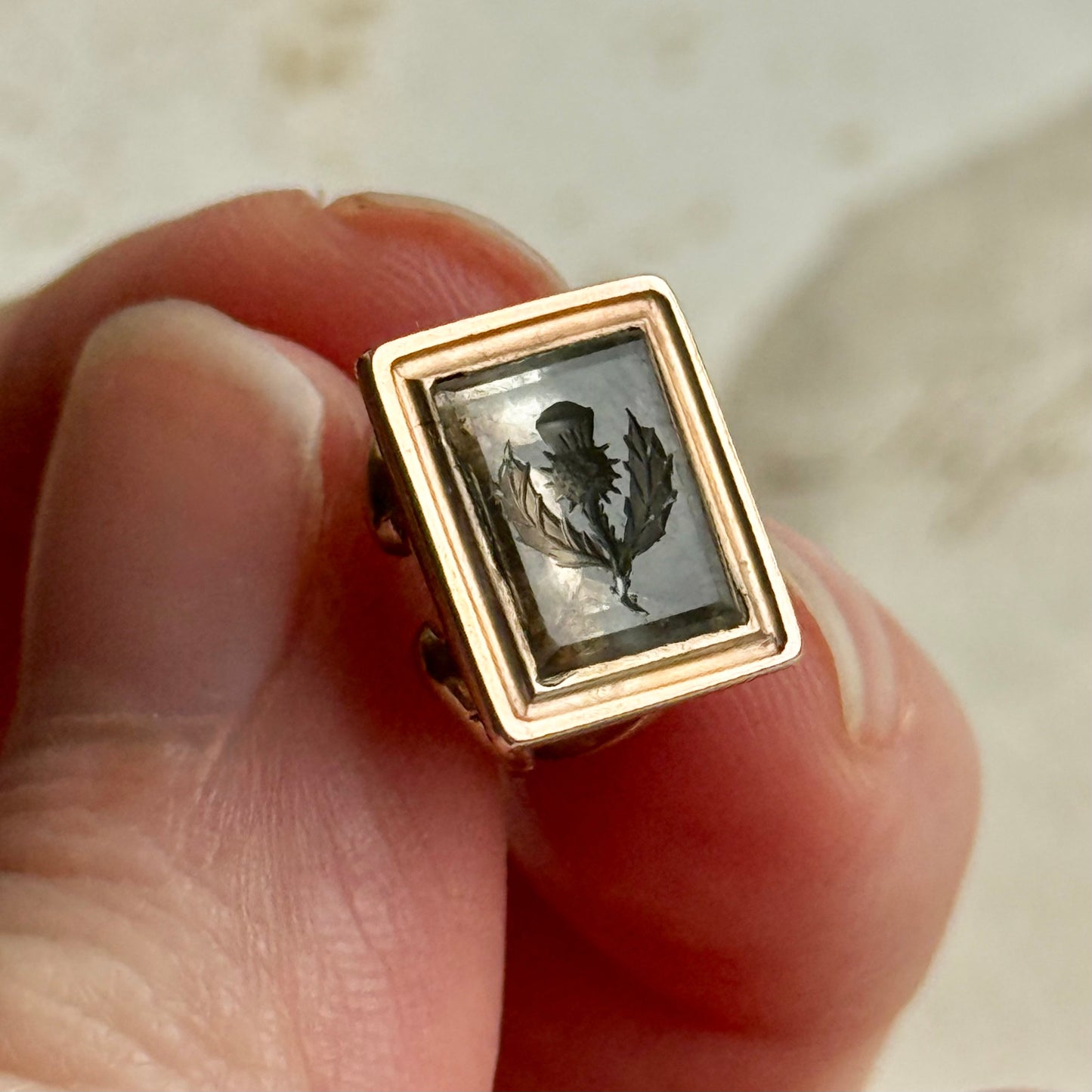 Antique Thistle Intaglio Fob Pendant in 9 carat Gold; Circa 1830