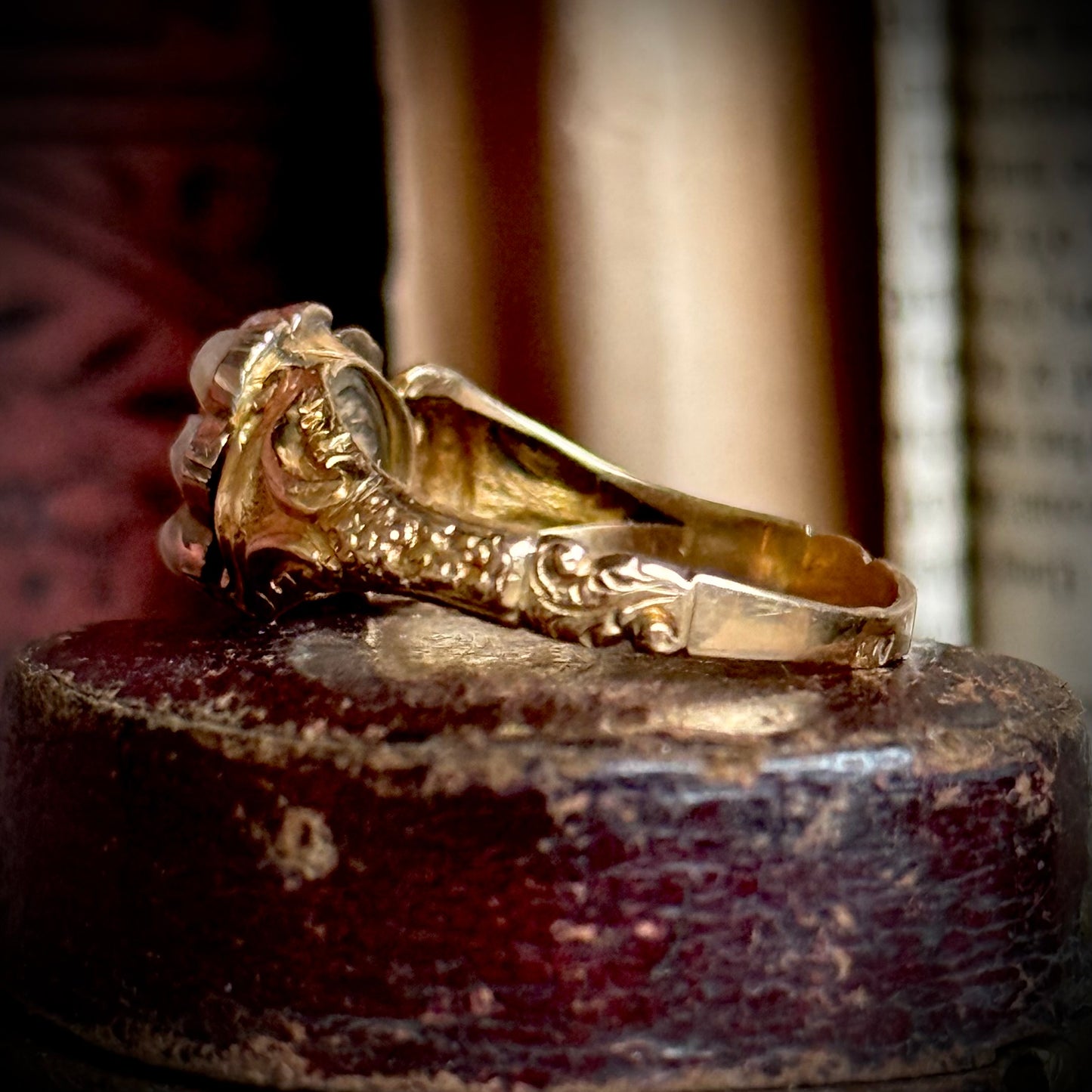 Victorian Rhodolite Garnet & Pearl Sentimental Ring in 18 Carat Gold; Circa 1880