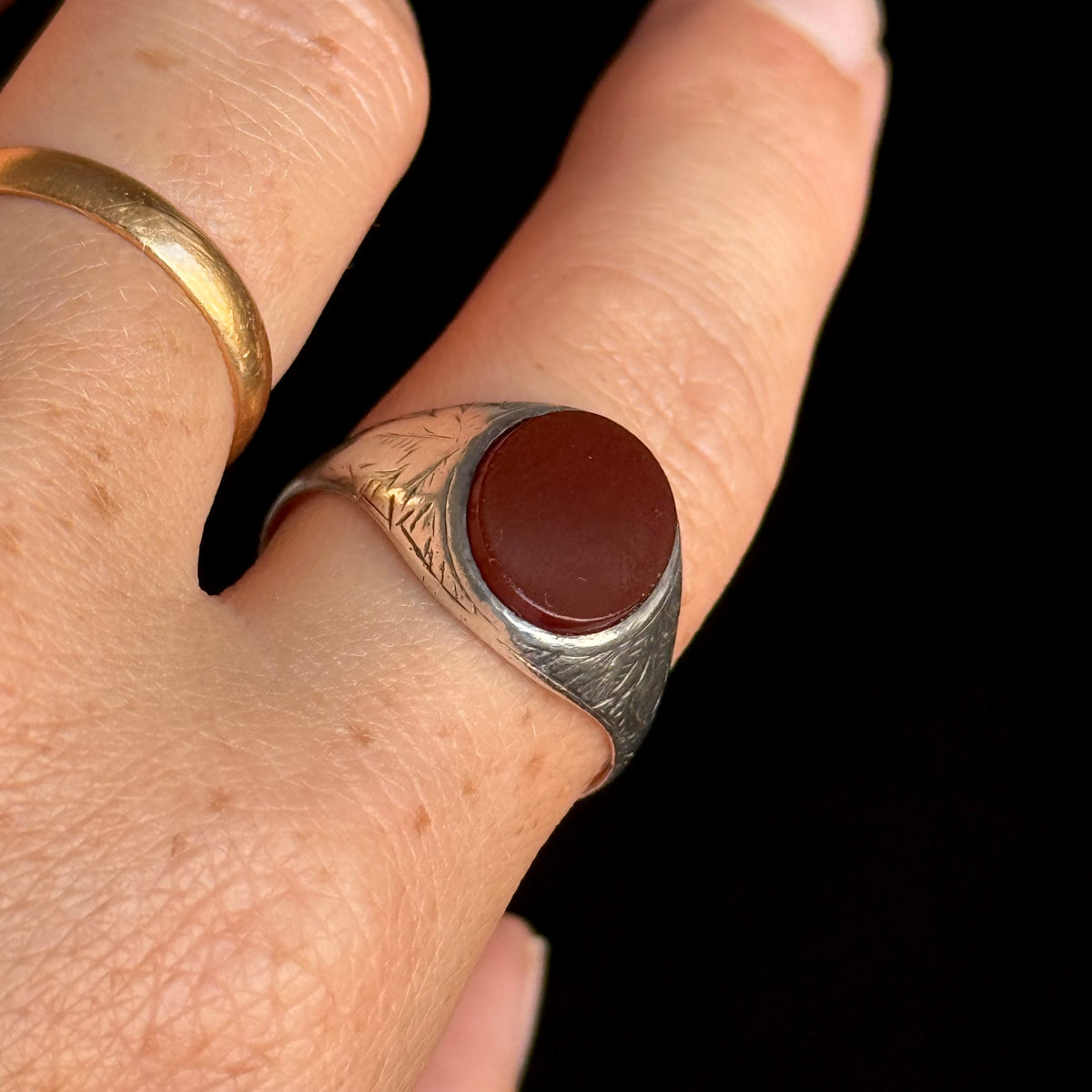 Antique Carnelian Signet Ring in Silver; Circa 1883